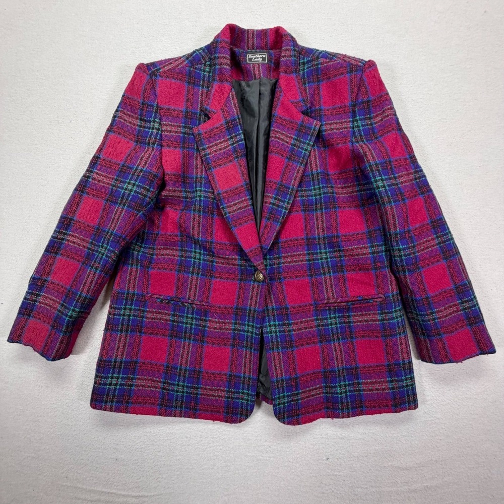 Southern Lady Womens Blazer Regular Magenta Purple Plaid Wool Blend 14
